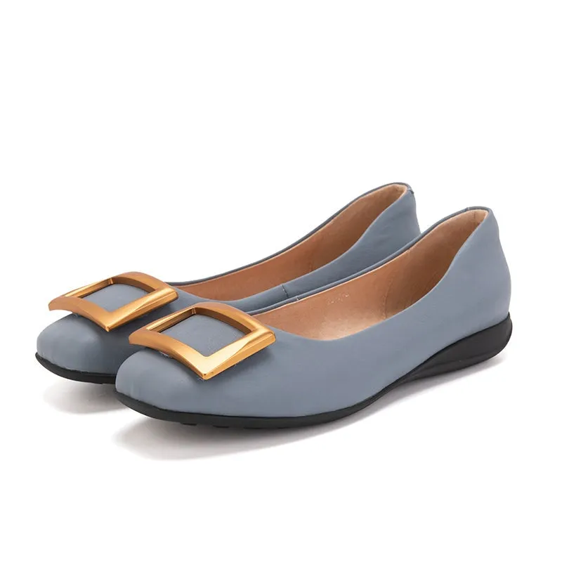 Square Buckle Detailed Leather Loafers for Women in Blue/Black