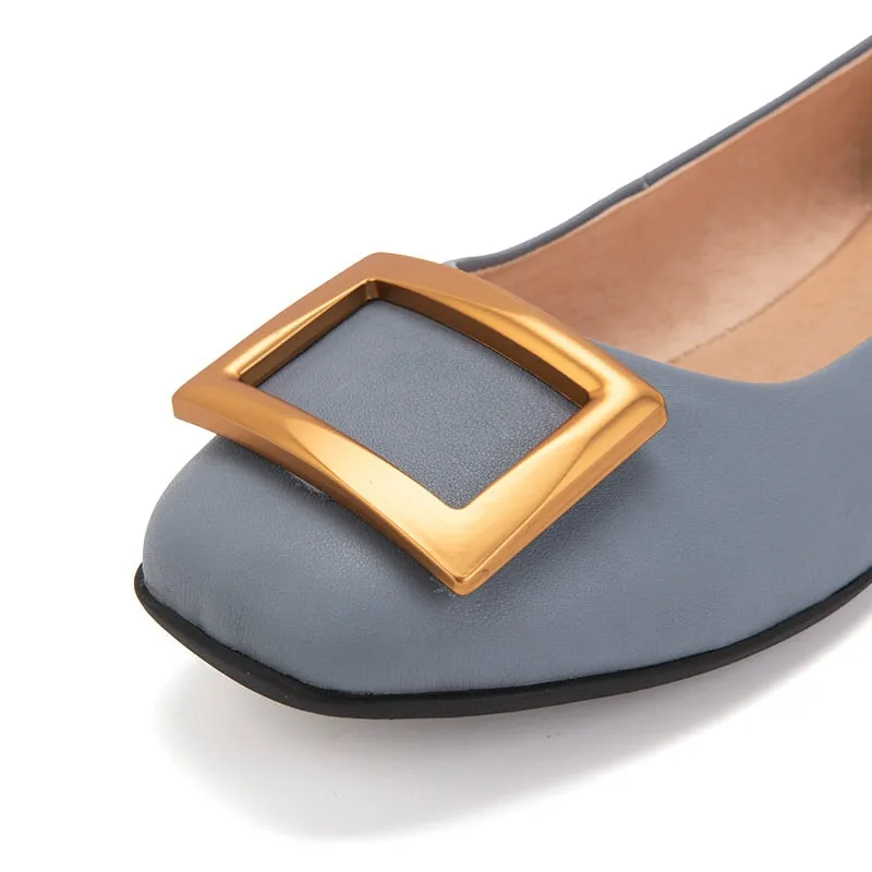 Square Buckle Detailed Leather Loafers for Women in Blue/Black