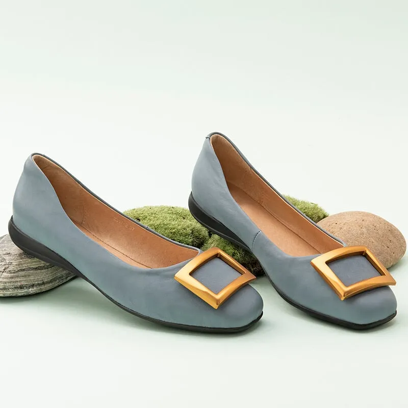 Square Buckle Detailed Leather Loafers for Women in Blue/Black