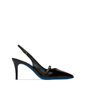Straped black shiny leather slingback pumps