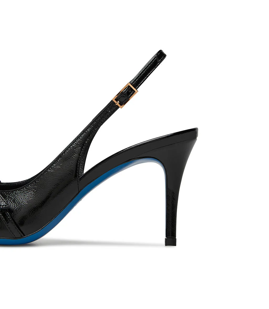 Straped black shiny leather slingback pumps