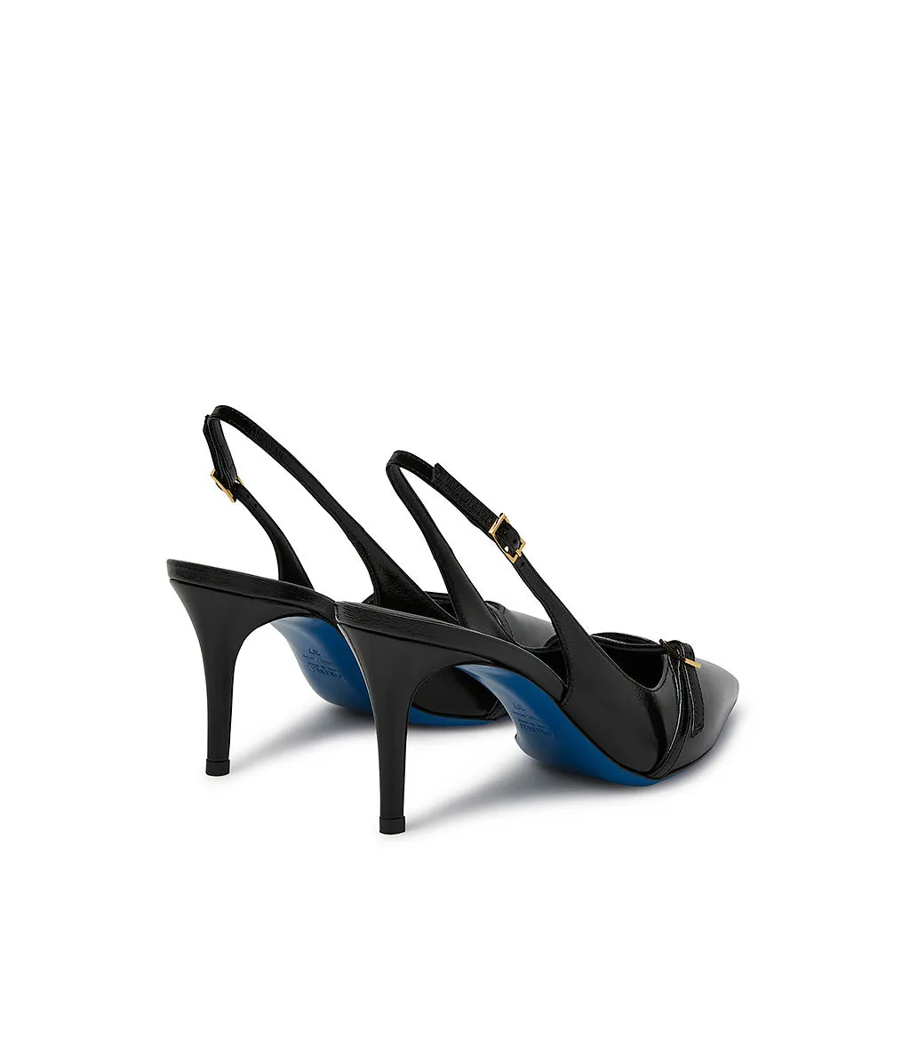 Straped black shiny leather slingback pumps