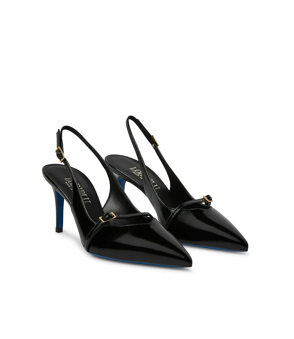 Straped black shiny leather slingback pumps