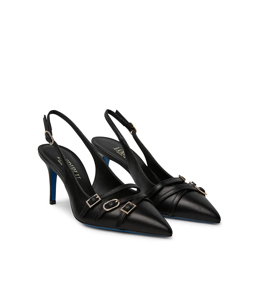Straps embellished sand colr leather slingback pumps