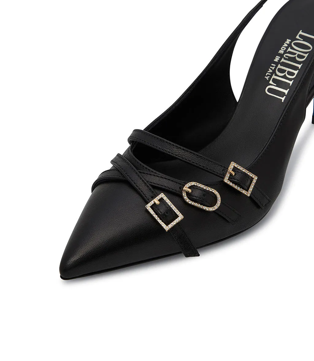 Straps embellished sand colr leather slingback pumps