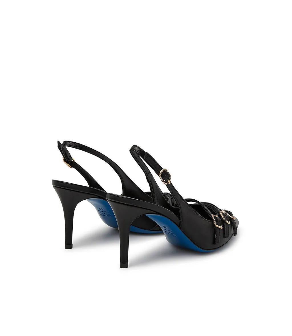 Straps embellished sand colr leather slingback pumps