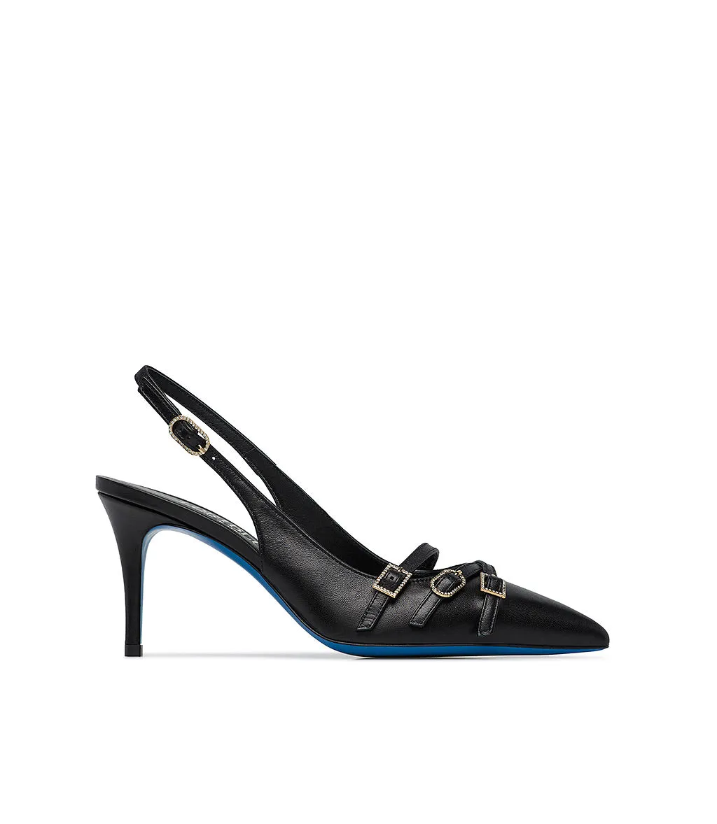 Straps embellished sand colr leather slingback pumps