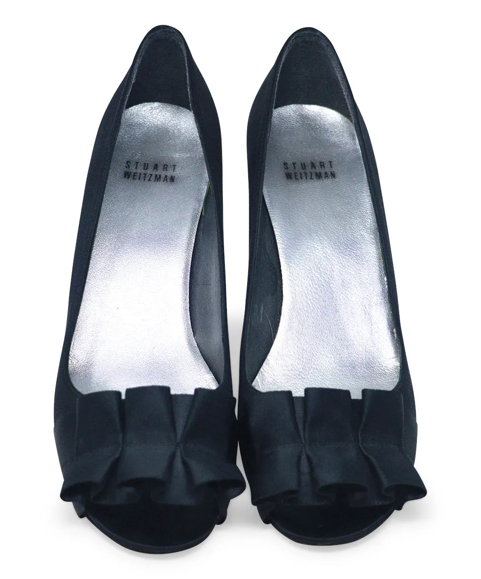 Stuart Weitzman Black Satin Ruffle Heels sz 8.5