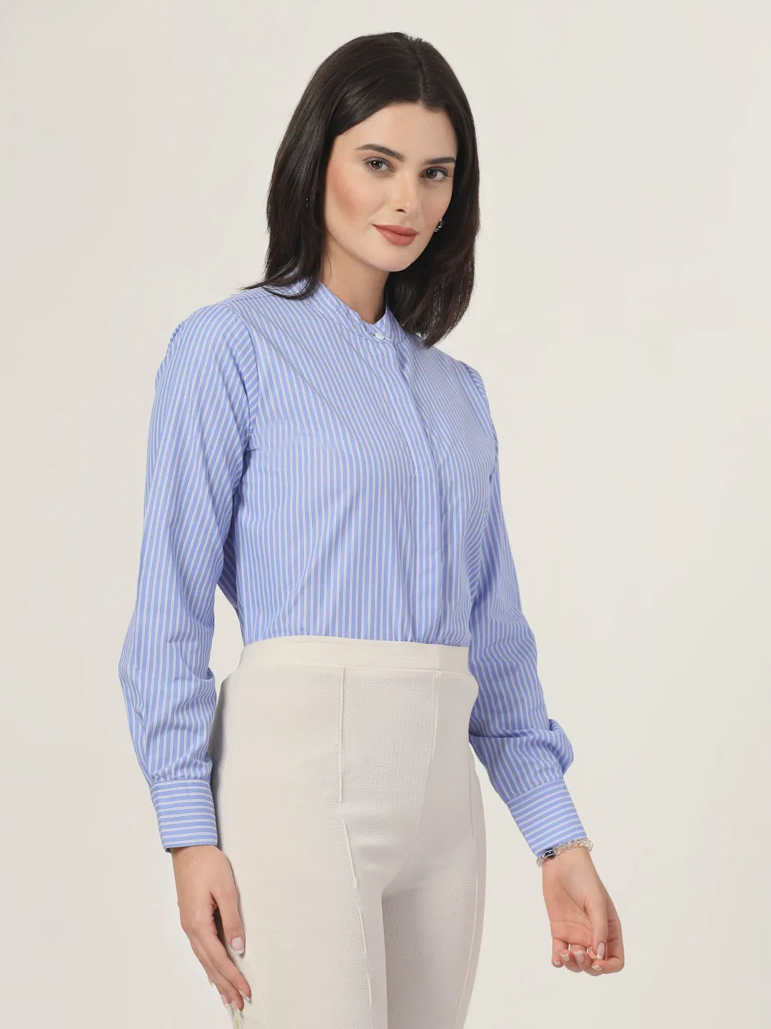 Style Quotient Women Blue and White Stripe Polycotton Formal Shirt