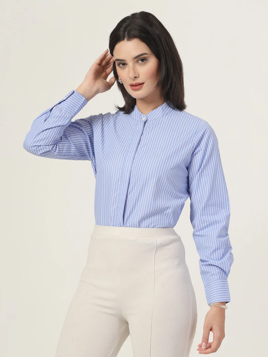 Style Quotient Women Blue and White Stripe Polycotton Formal Shirt