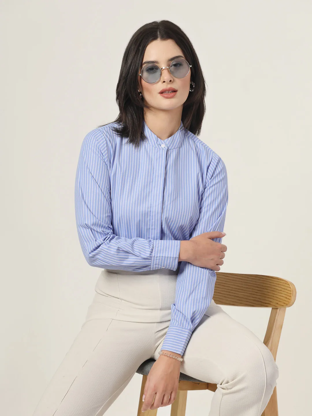 Style Quotient Women Blue and White Stripe Polycotton Formal Shirt