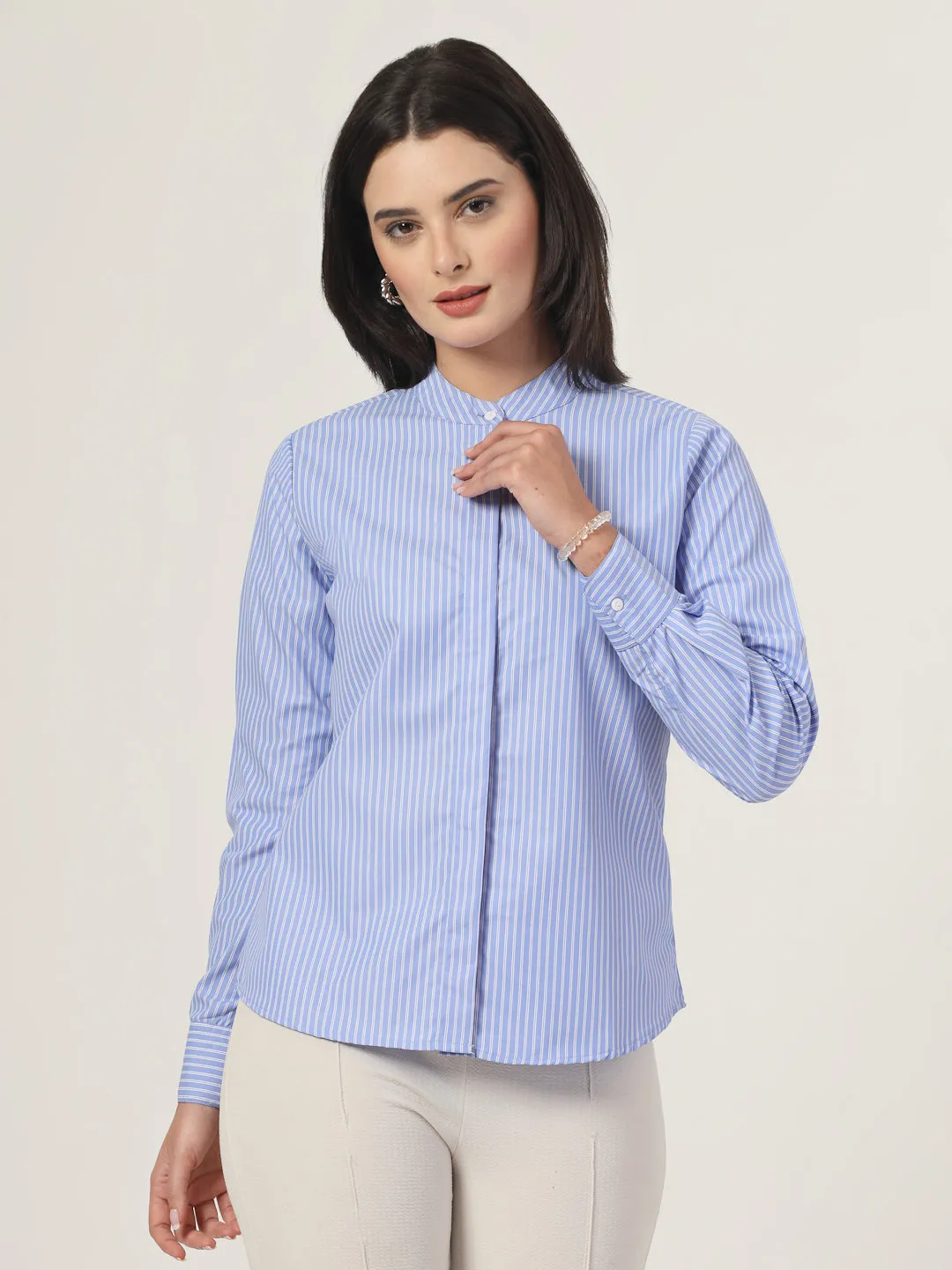 Style Quotient Women Blue and White Stripe Polycotton Formal Shirt
