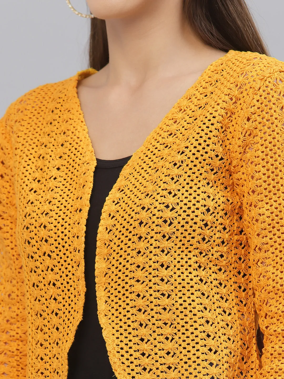 Style Quotient Women Mustard cotton self design lace crop open front shrug