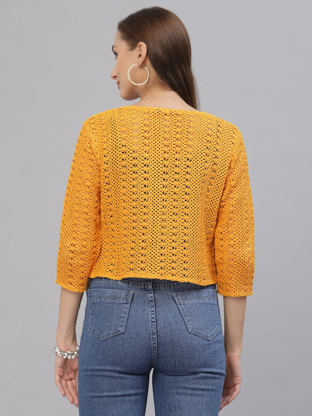 Style Quotient Women Mustard cotton self design lace crop open front shrug