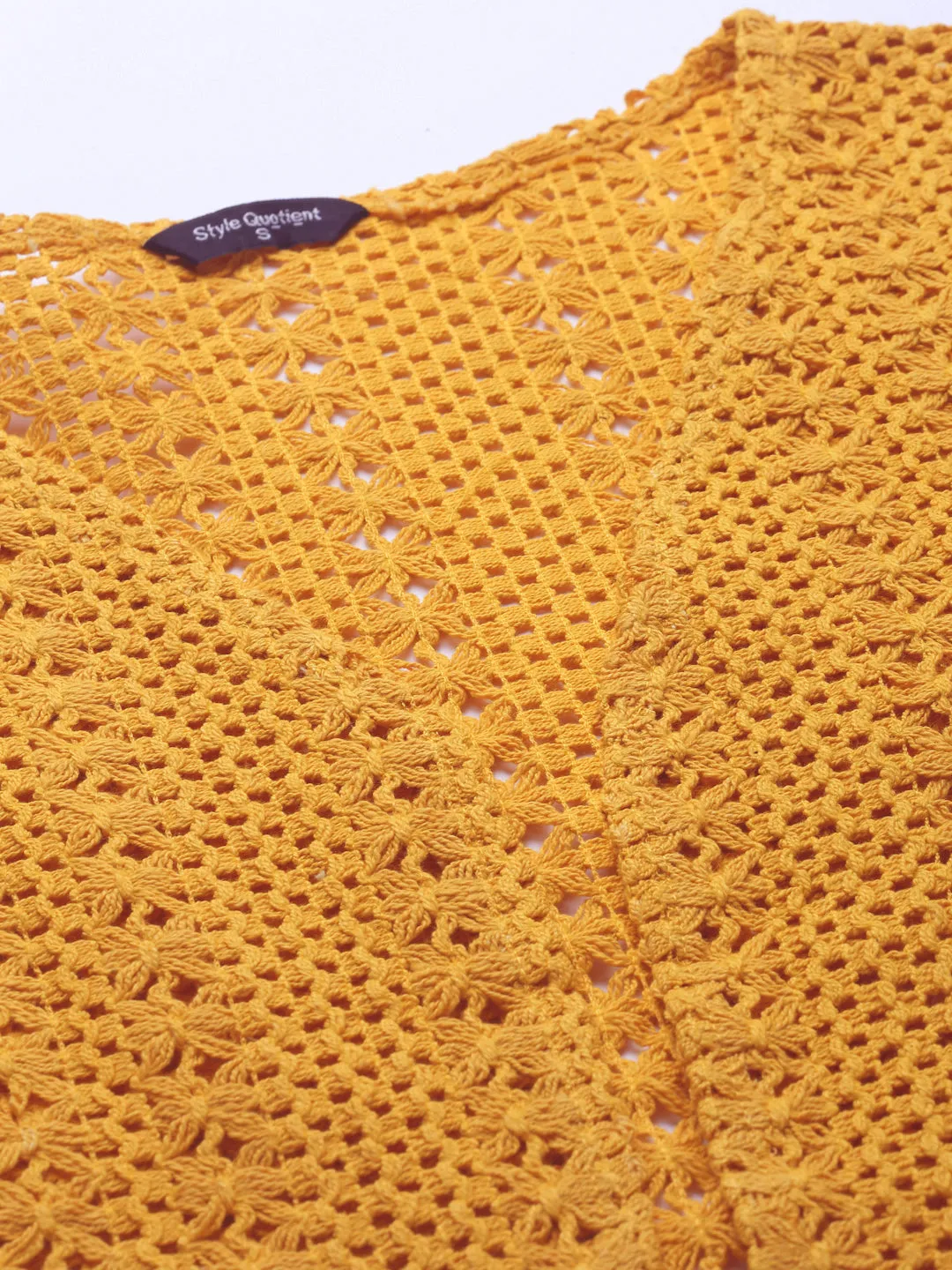 Style Quotient Women Mustard cotton self design lace crop open front shrug