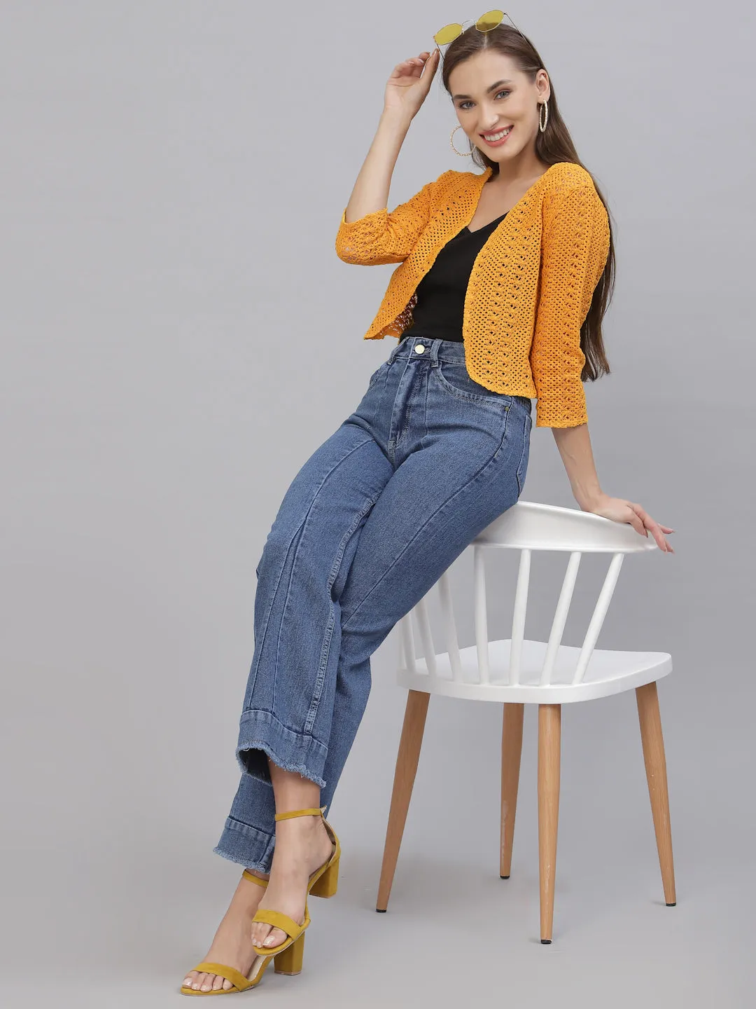 Style Quotient Women Mustard cotton self design lace crop open front shrug