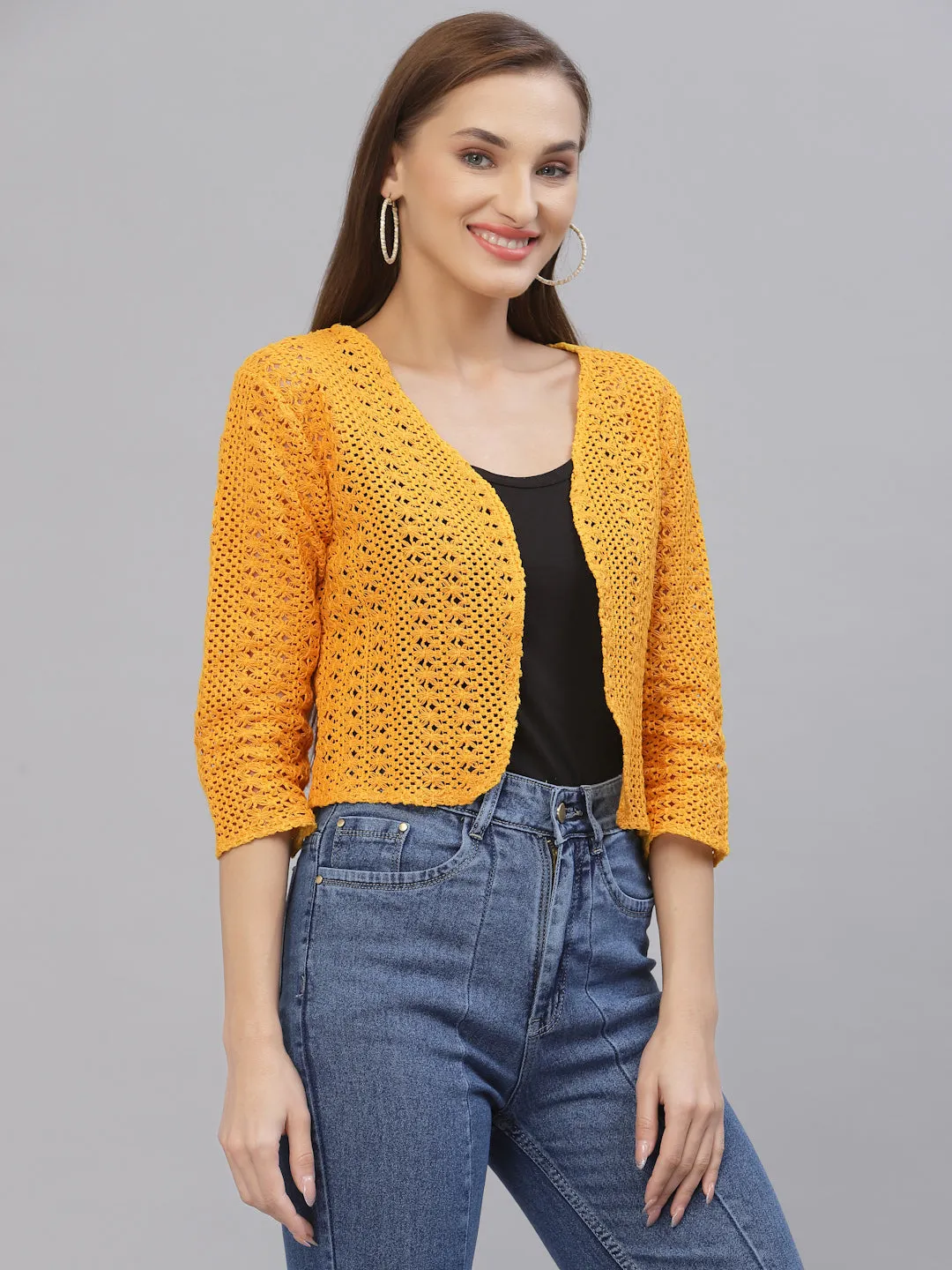Style Quotient Women Mustard cotton self design lace crop open front shrug