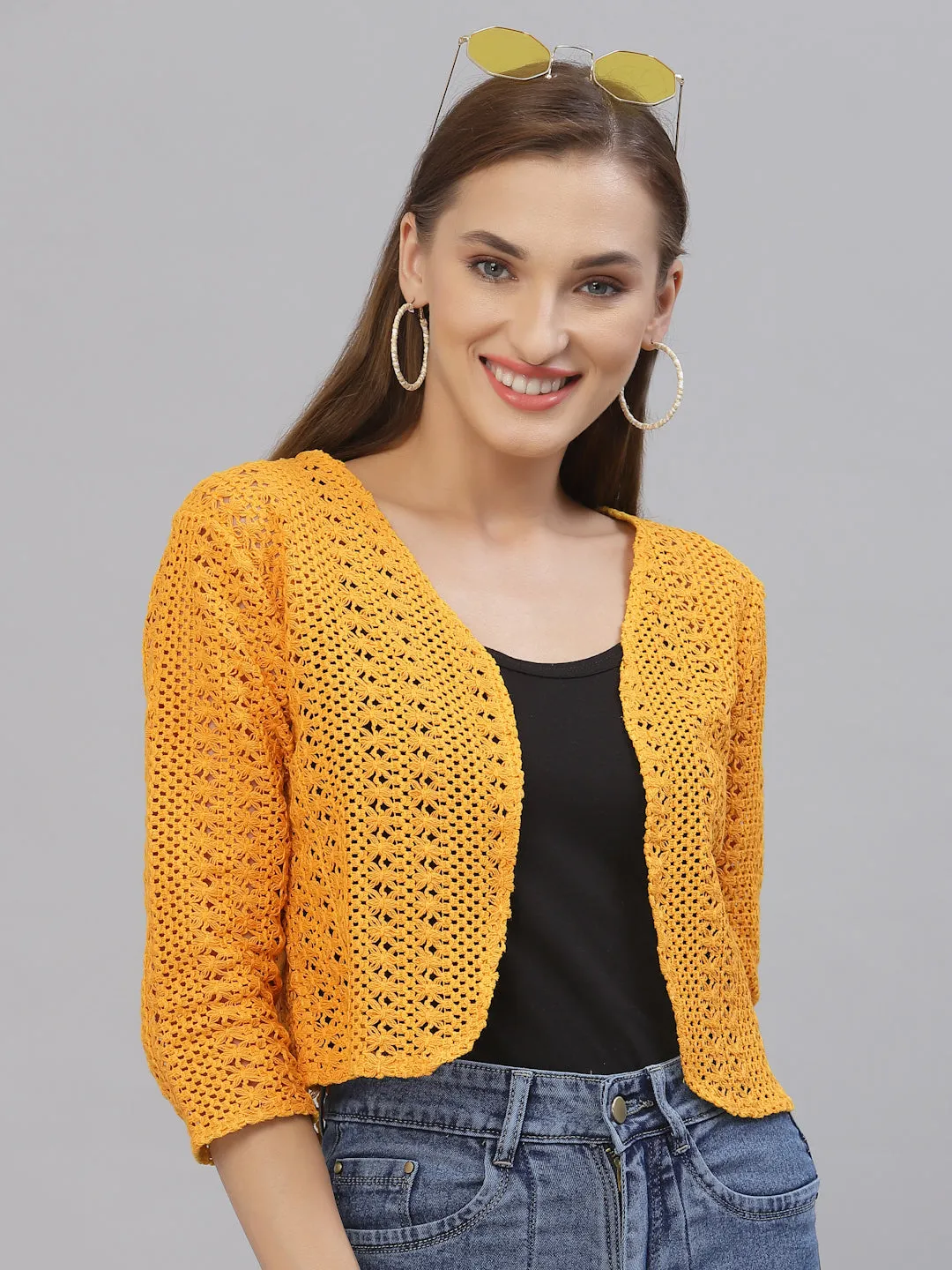 Style Quotient Women Mustard cotton self design lace crop open front shrug