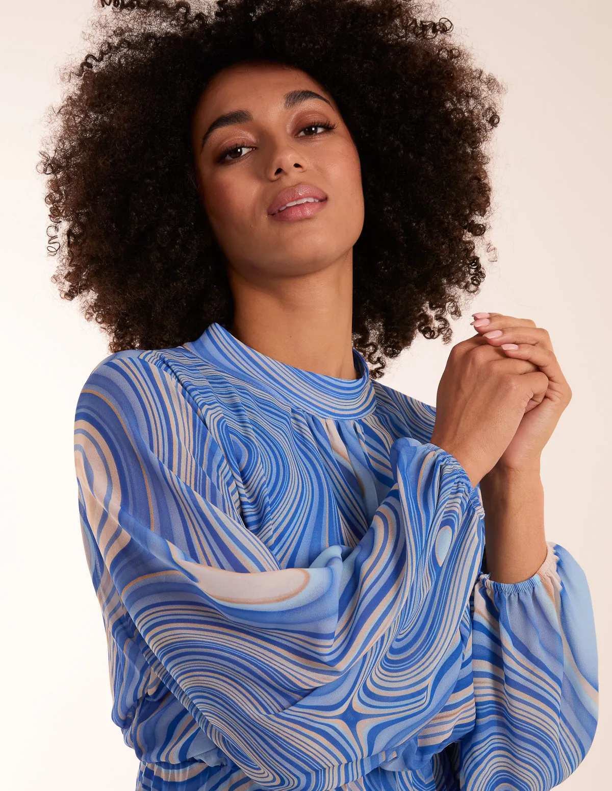 Swirl Print High Neck Pleated Dress
