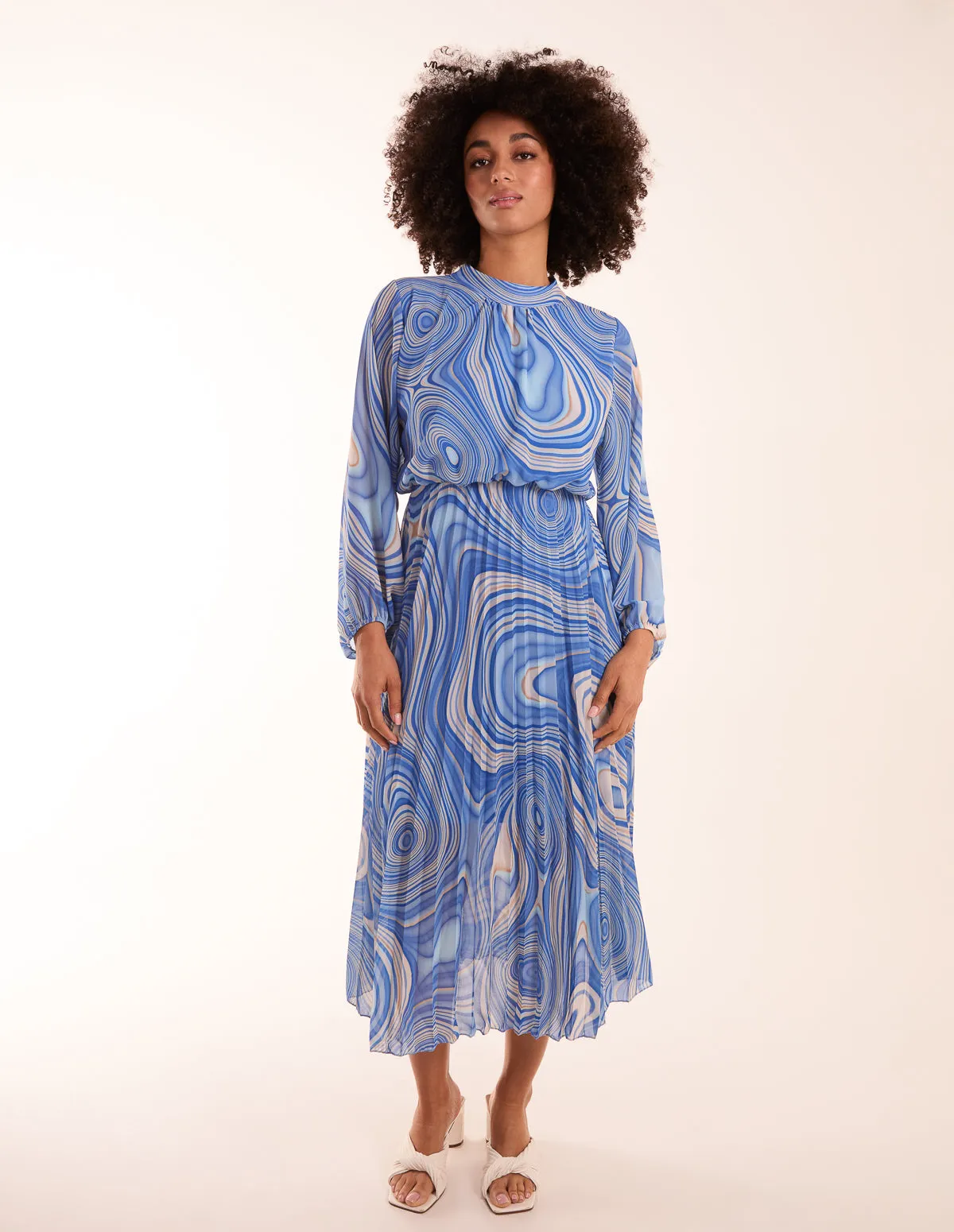Swirl Print High Neck Pleated Dress