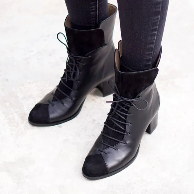 Teir Block Heel Boot | Black Suede & Calfskin Leather