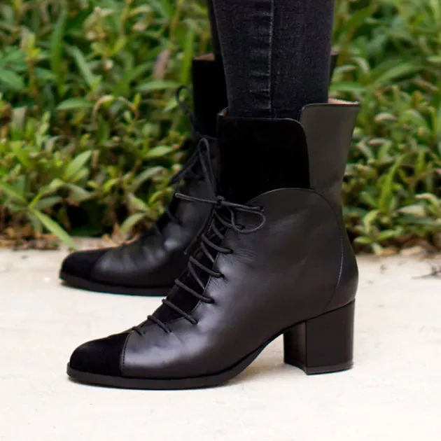 Teir Block Heel Boot | Black Suede & Calfskin Leather