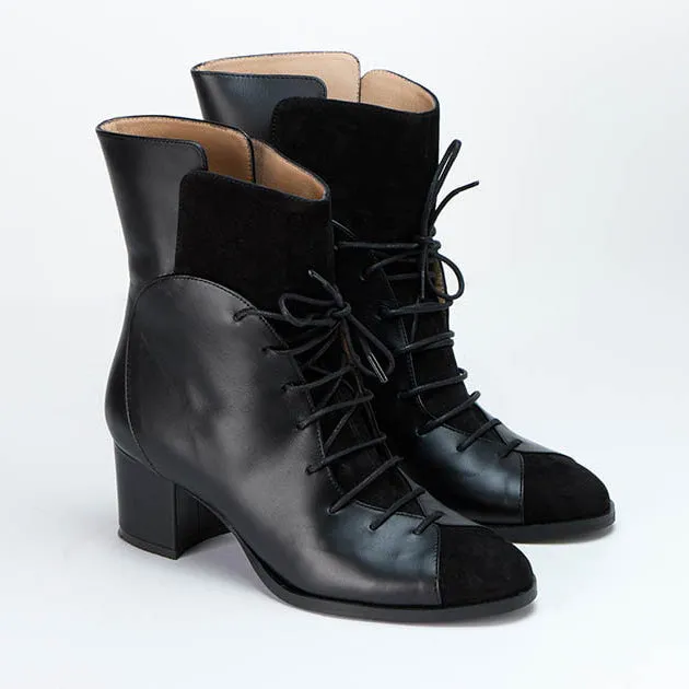 Teir Block Heel Boot | Black Suede & Calfskin Leather