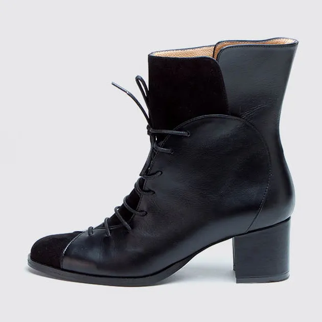 Teir Block Heel Boot | Black Suede & Calfskin Leather