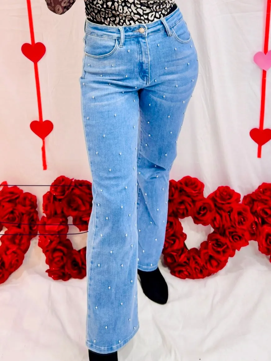 The Jewels Light Wash Straight Leg Studded Denim