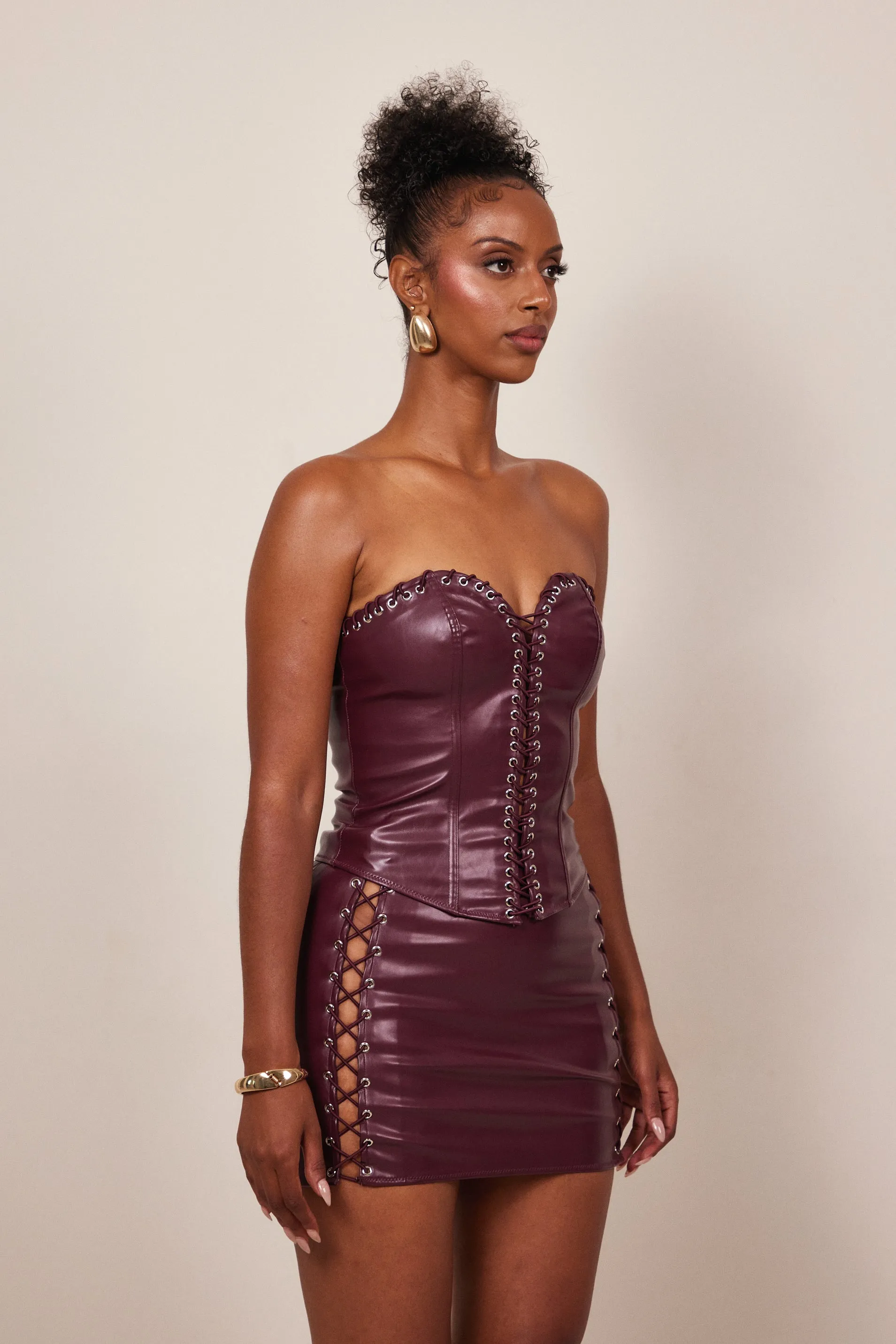 The Lace up trim leather corset-Wine