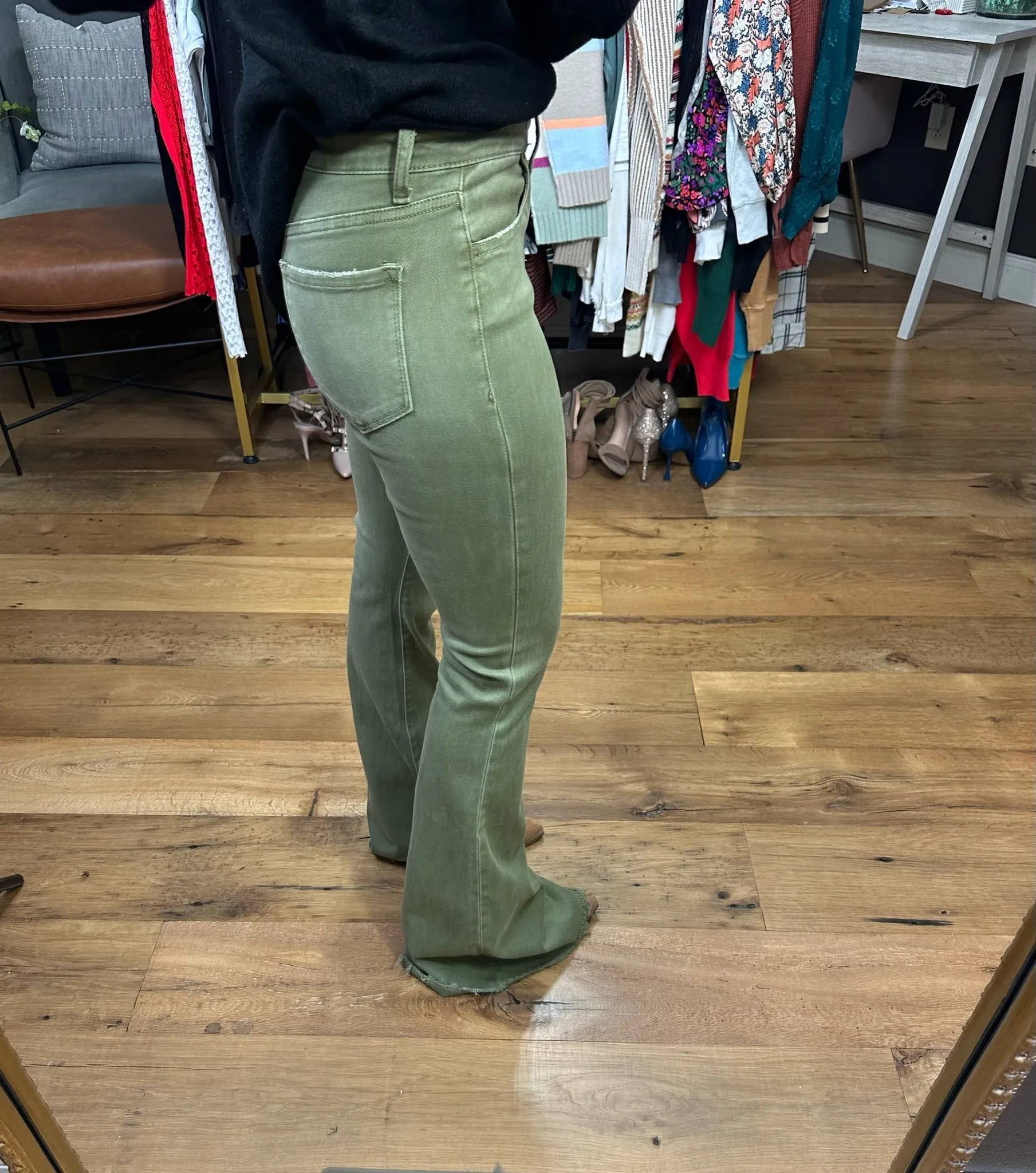 The Madeline High-Rise Flare Denim - Olive