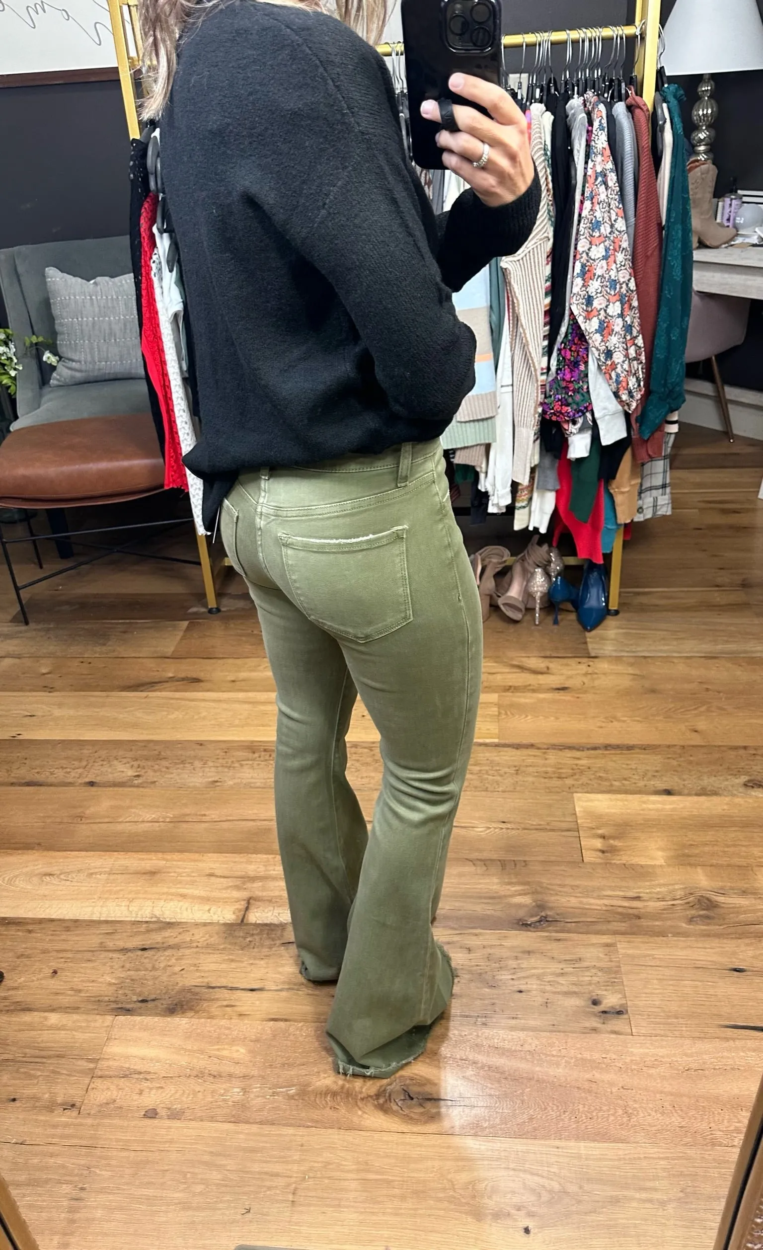 The Madeline High-Rise Flare Denim - Olive