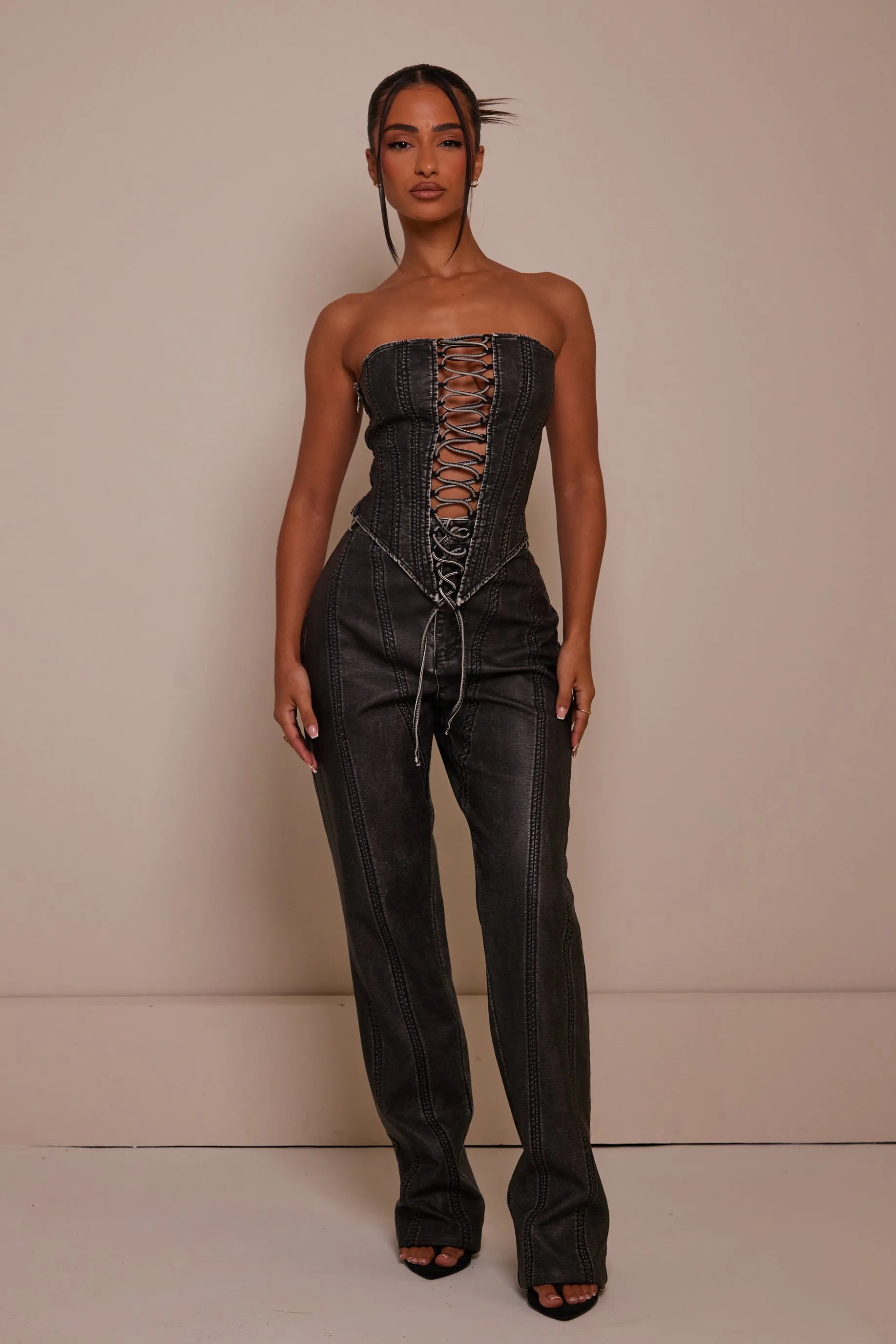 The Panel straight leg leather trousers - Wash Black