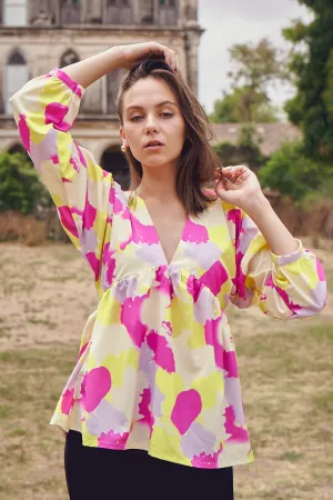 Tie & Dye V Neck Peasant Sleeve Top