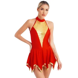 Trend4us Sparkling Sequin Panel Halter Skater Dress