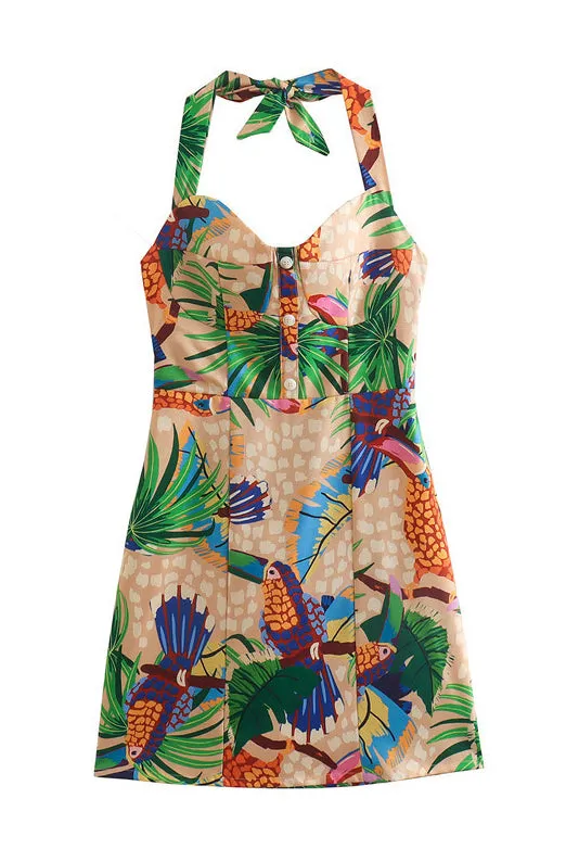 Tropical Toucans Print Halter Midi Dress