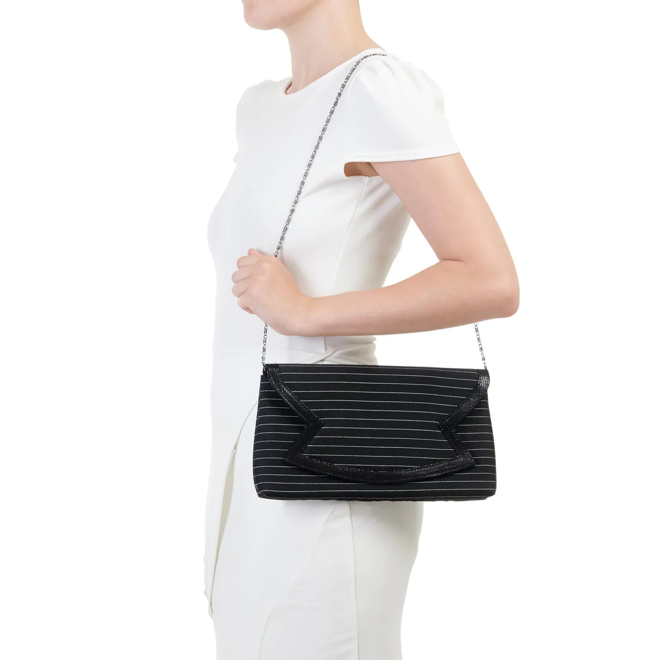 Turin Black Striped Clutch Bag (Matches Madison Heels) by Ruby Shoo