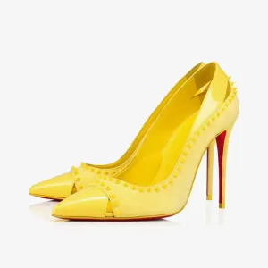 Unique Yellow Patent Leather Spiked Pump