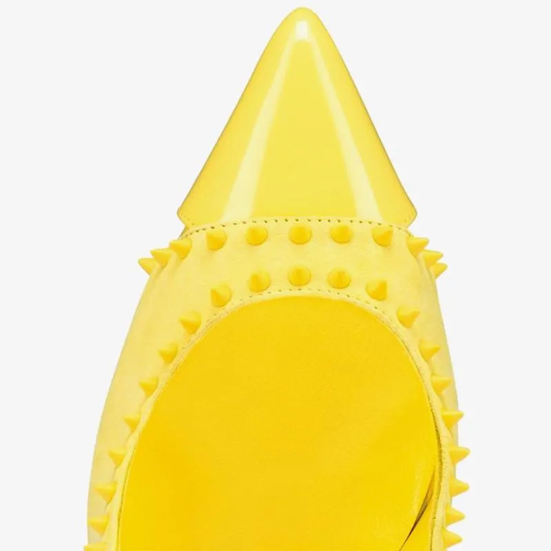 Unique Yellow Patent Leather Spiked Pump