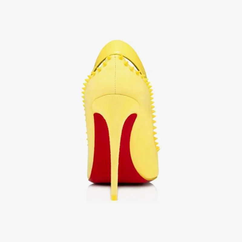Unique Yellow Patent Leather Spiked Pump