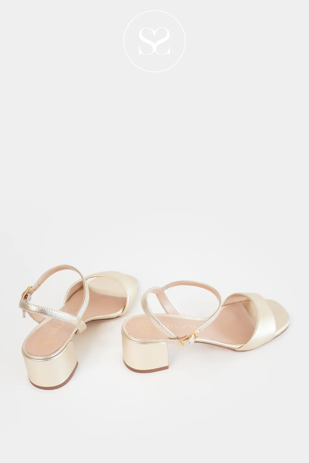 UNISA KIRK GOLD LEATHER MID BLOCK HEELS SANDALS