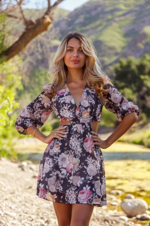 V-neck Cut Out Florals Print Black Half Sleeve Mini Dress