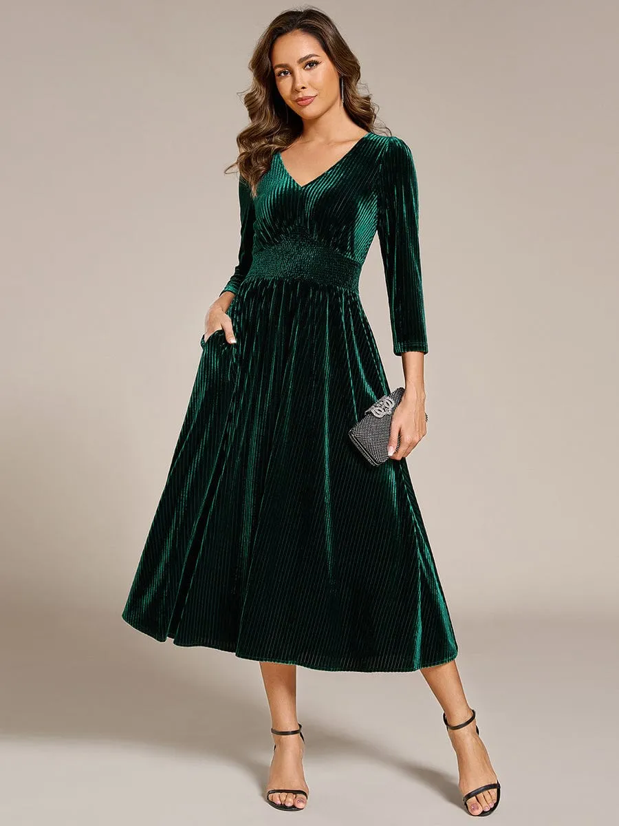 V-neck Long Sleeve Velvet A-Line Midi Wedding Guest Dress