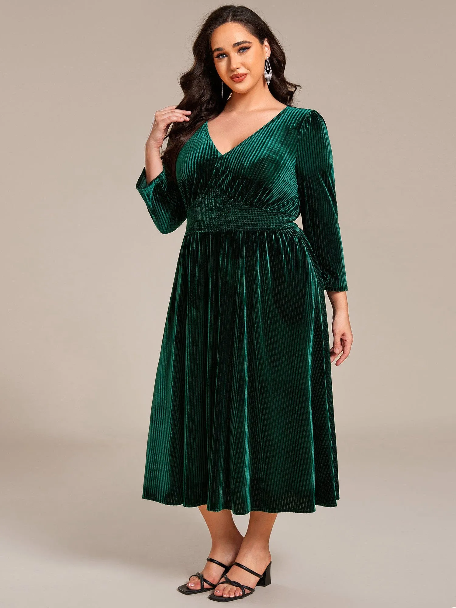 V-neck Long Sleeve Velvet A-Line Midi Wedding Guest Dress