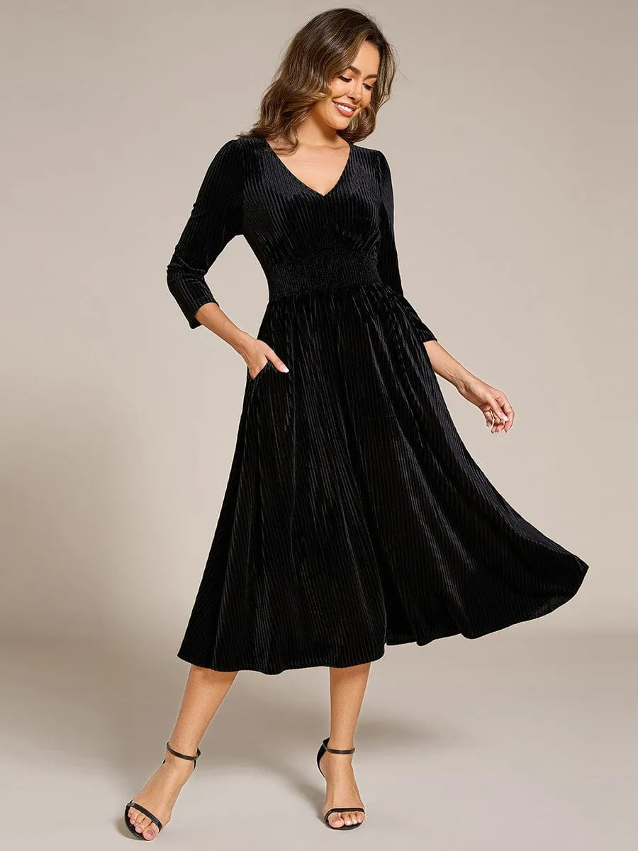 V-neck Long Sleeve Velvet A-Line Midi Wedding Guest Dress