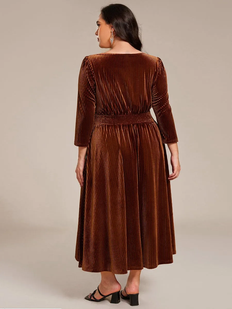 V-neck Long Sleeve Velvet A-Line Midi Wedding Guest Dress