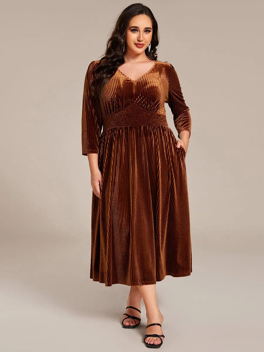 V-neck Long Sleeve Velvet A-Line Midi Wedding Guest Dress
