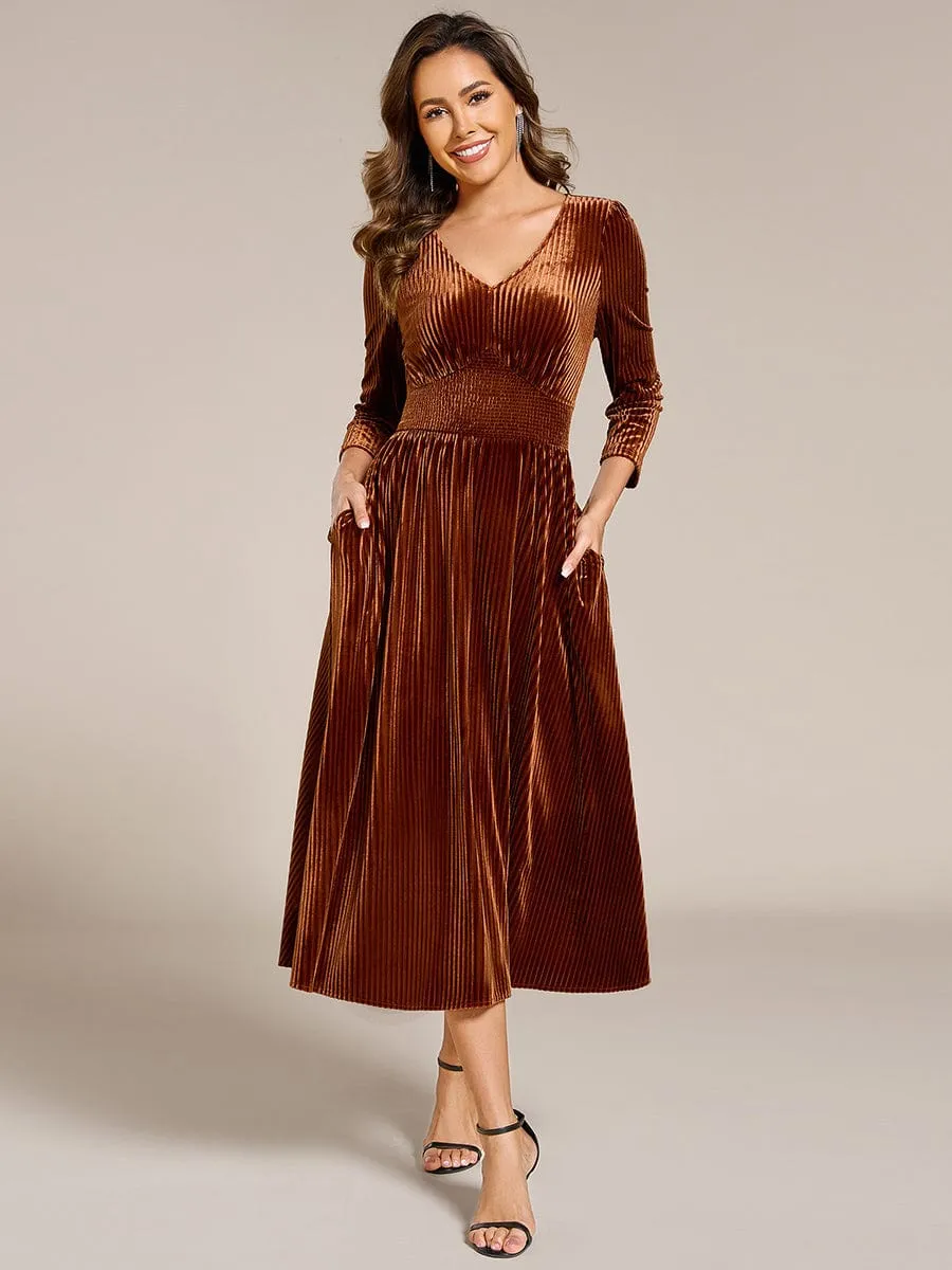 V-neck Long Sleeve Velvet A-Line Midi Wedding Guest Dress