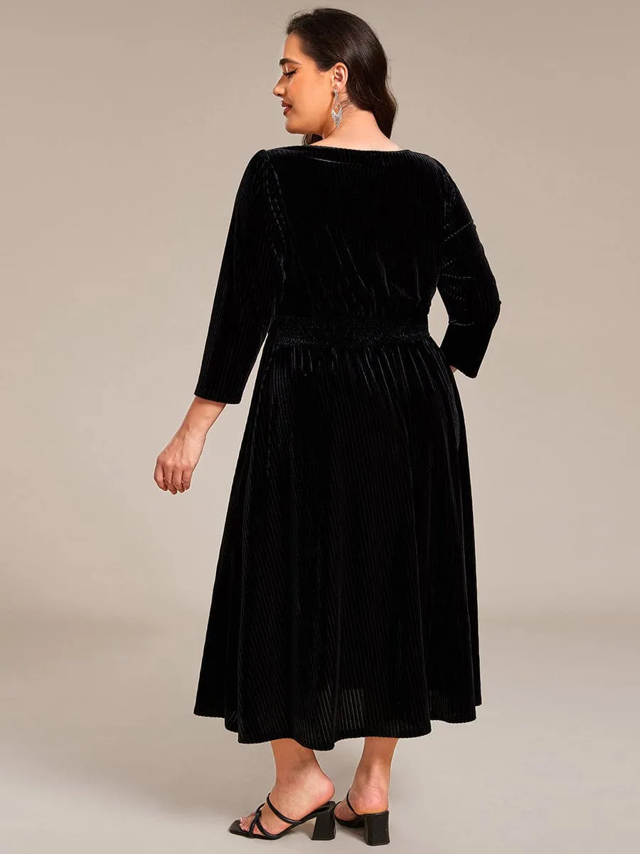 V-neck Long Sleeve Velvet A-Line Midi Wedding Guest Dress