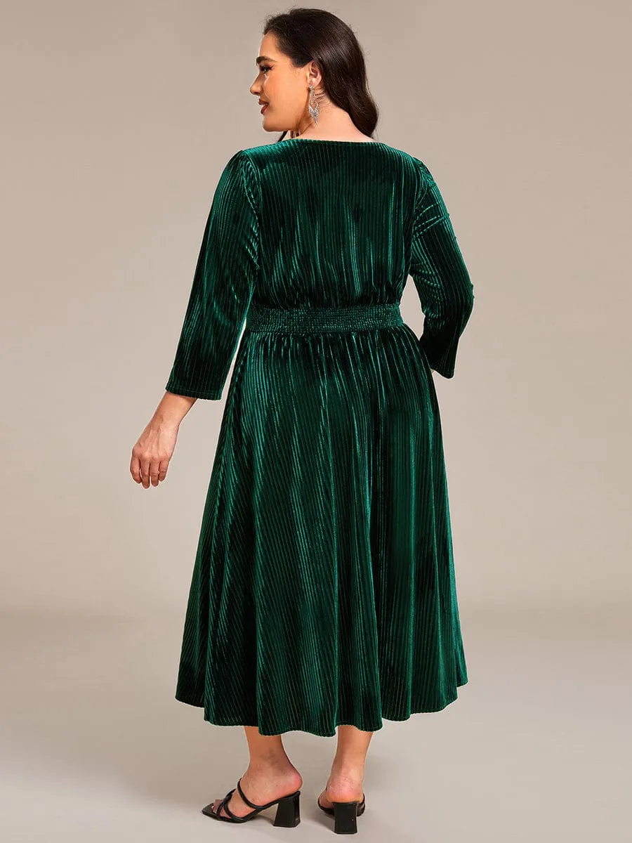 V-neck Long Sleeve Velvet A-Line Midi Wedding Guest Dress